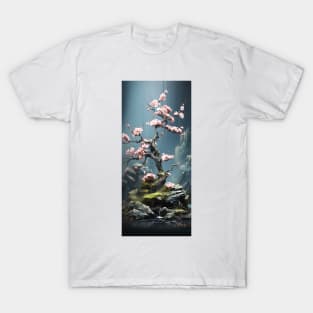 bonsai tree blossoming with pink flowers near waterfall T-Shirt